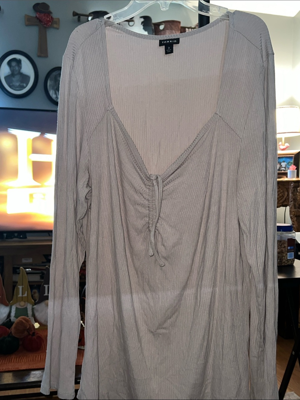 torrid Taupe Ribbed Long Sleeve Ruched Drawstring Top